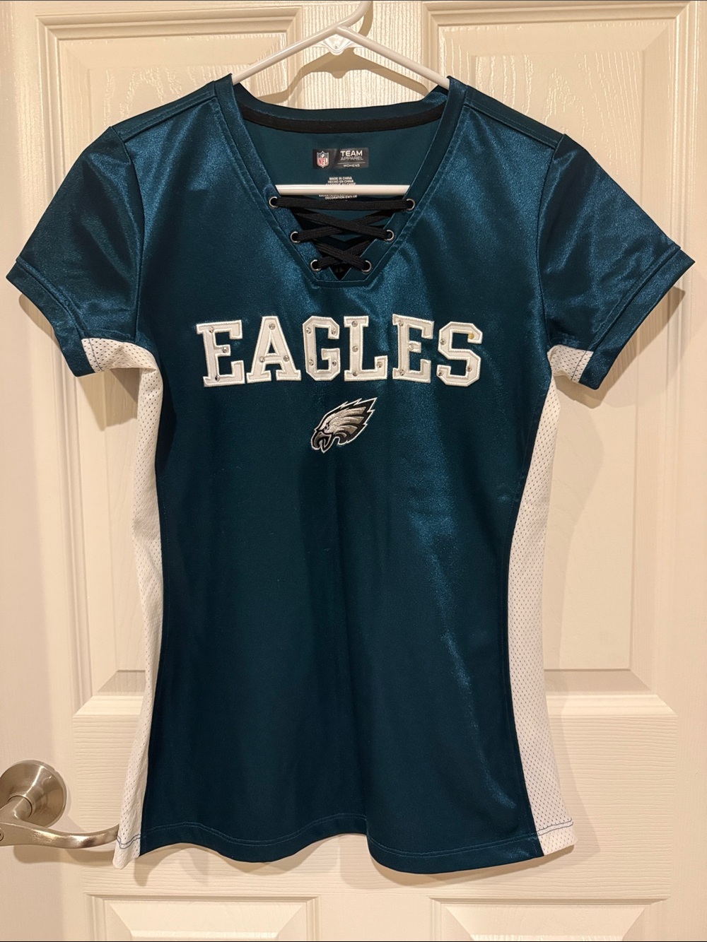 NFL Eagles Women's Teal and White Lace-Up Short Sleeve Jersey